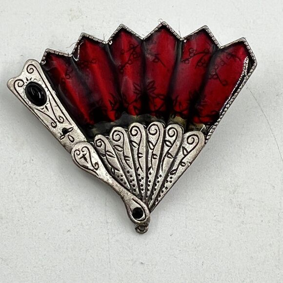 Chicos Silver Tone Red Enamel Brooch Pin Asian Inspired Black Rhinestone - Picture 1 of 5
